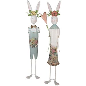 Iepure decorativ rustic din oțel alb-verde, 17x12x88 cm