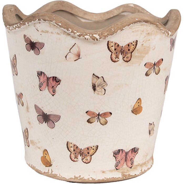 Vază ceramică romantică Clayre & Eef, beige-rosu cu fluture, 16x15 cm