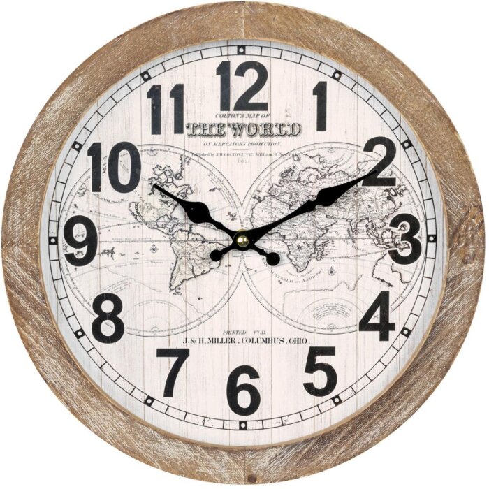 Ceas de perete Yvonne cu harta lumii, lemn, mecanism cu quarz