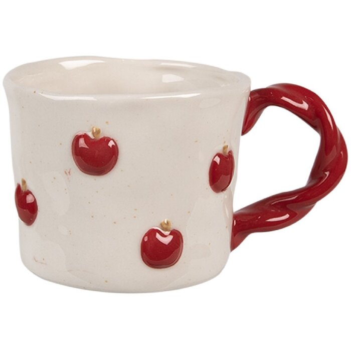 Clayre & Eef 6CEMU0150 Cană ceramică 200 ml bej roșu motiv măr design retro