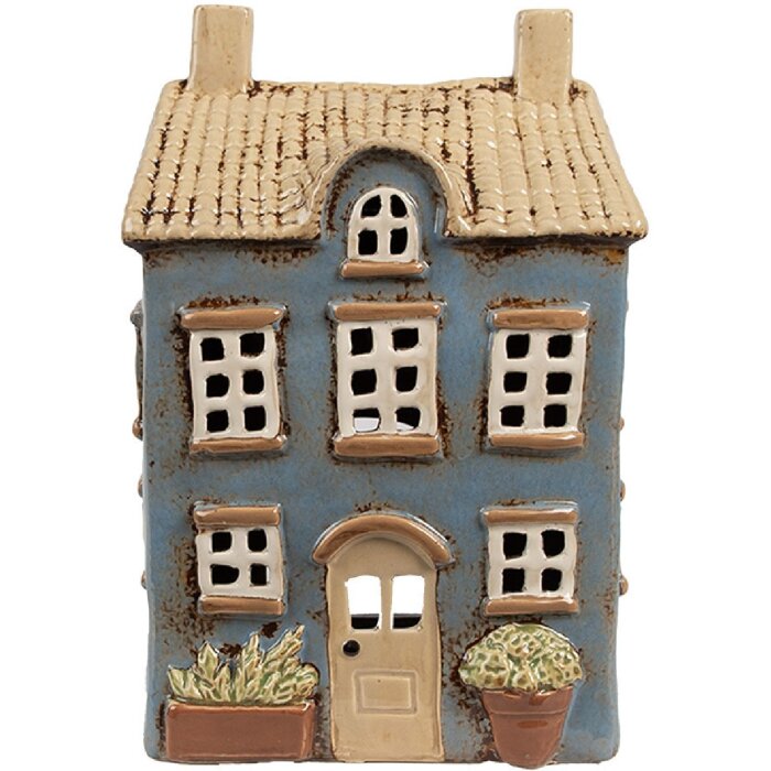 Clayre & Eef 6CE1894 Teelichthalter Haus Blau Beige 16x10x23 cm Keramik