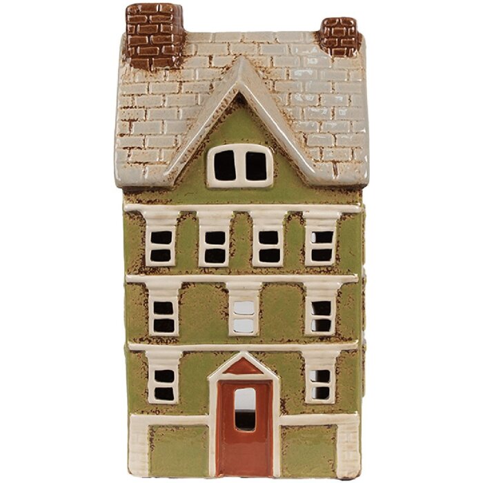 Clayre & Eef 6CE1870 Teelichthalter Haus Keramik Grün Beige 14x10x26 cm