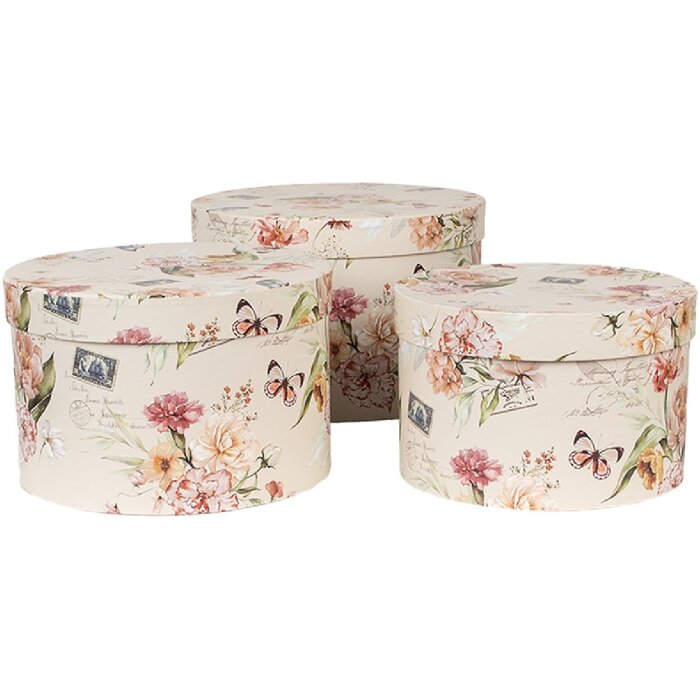 Clayre & Eef 66005 Set cutie pentru pălării 3 bucăți Model floral Bej Ø24/22/21 cm