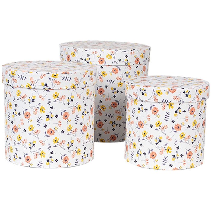 Clayre & Eef 66007 Set de 3 cutii de pălării rotunde cu flori alb 19/17/15 cm