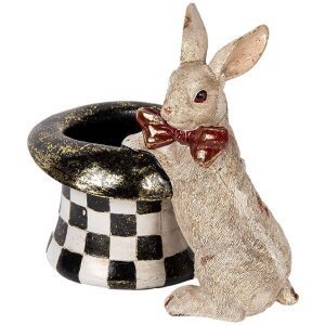 Clayre & Eef 6PR5492 Deko Kaninchen mit Zylinder Beige Schwarz 25x16x23 cm
