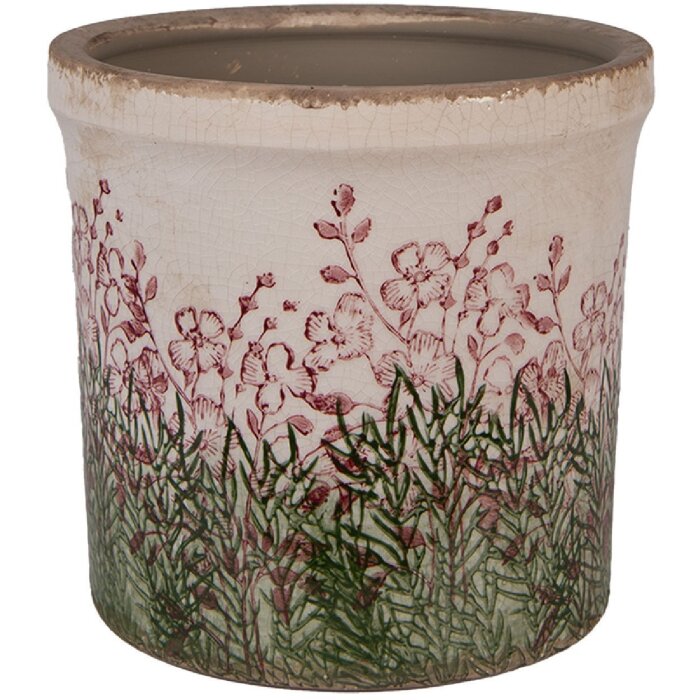 Clayre & Eef 6CE2017L Blumentopf Keramik Beige Grün Rot Ø 18x17 cm Landhaus