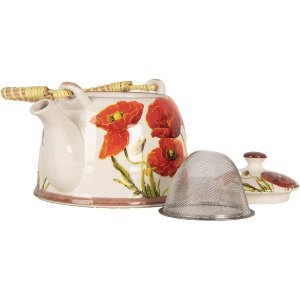 Clayre & Eef 6CETE0171 Teekanne Mohnblumen Keramik 800 ml Retro Vintage