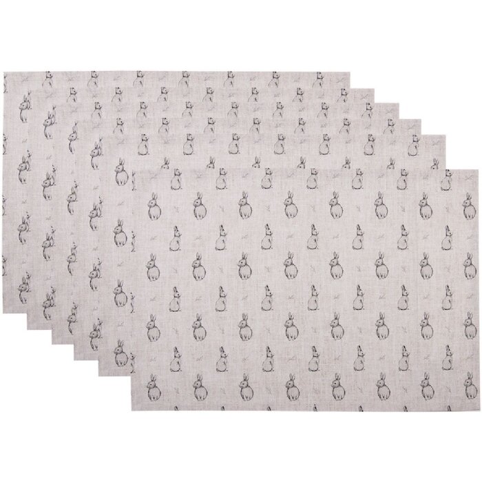 Clayre & Eef BNS40 Set de 6 fețe de masă 48x33 cm Bej Gri Iepuraș Motiv