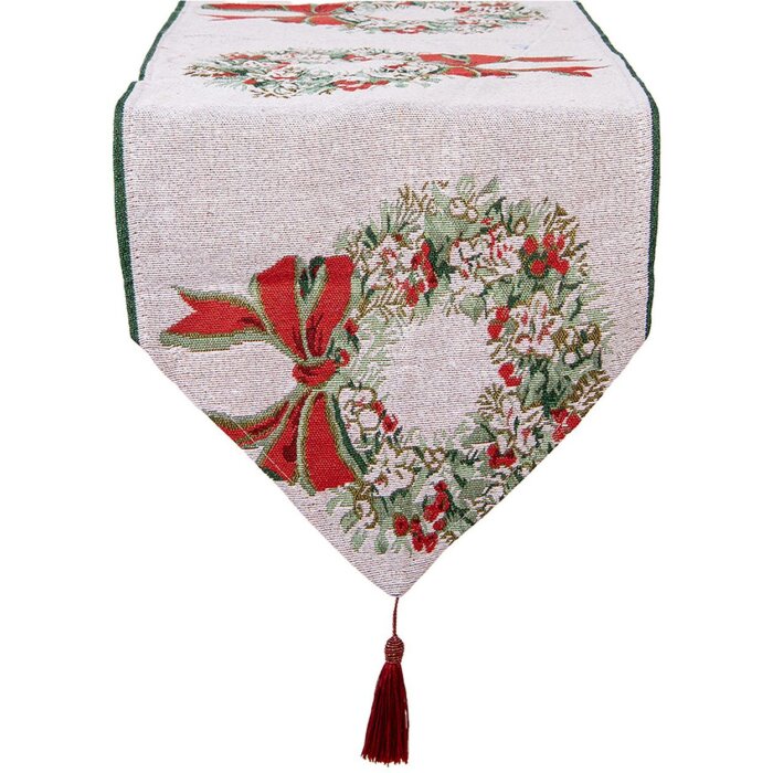 Clayre & Eef KT065.010 Pânză de masă 33x180 cm Bej Roșu cu motiv de coroană