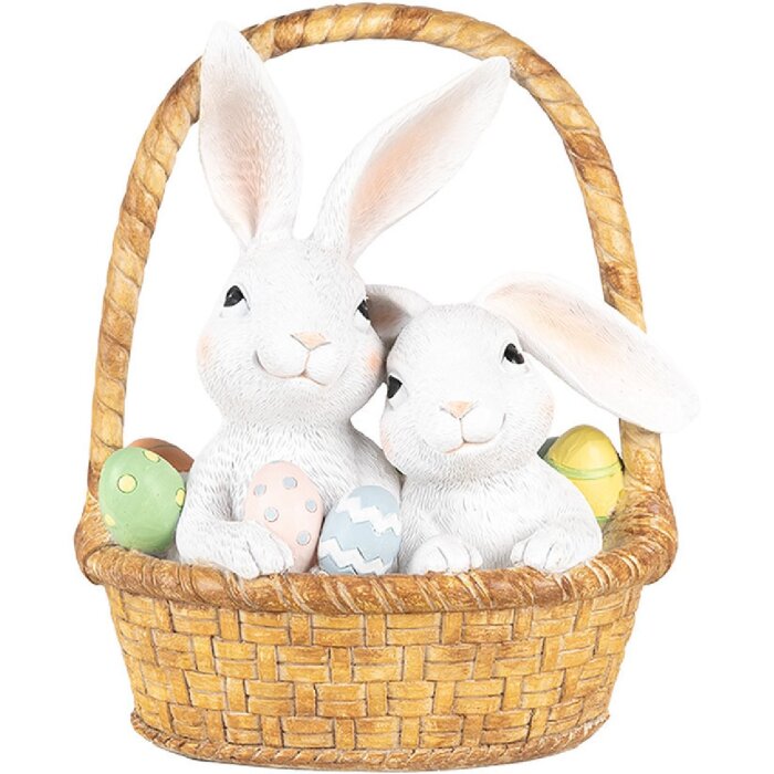 Clayre & Eef Iepure decorativ în coș 17x13x20 cm alb maro Paște stil țară