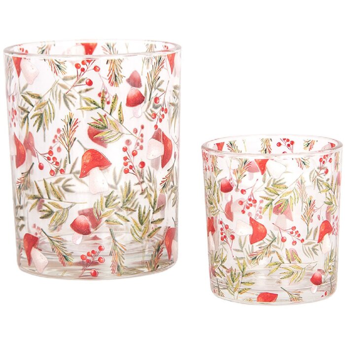 Clayre & Eef 6GL4962 Suport pentru lumânări de ceai set 2 felinare din sticlă cu design botanic