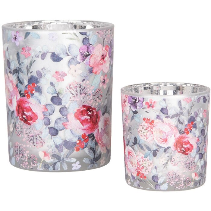 Clayre & Eef 6GL4970 Set 2 suporturi pentru lumânări din sticlă gri roz