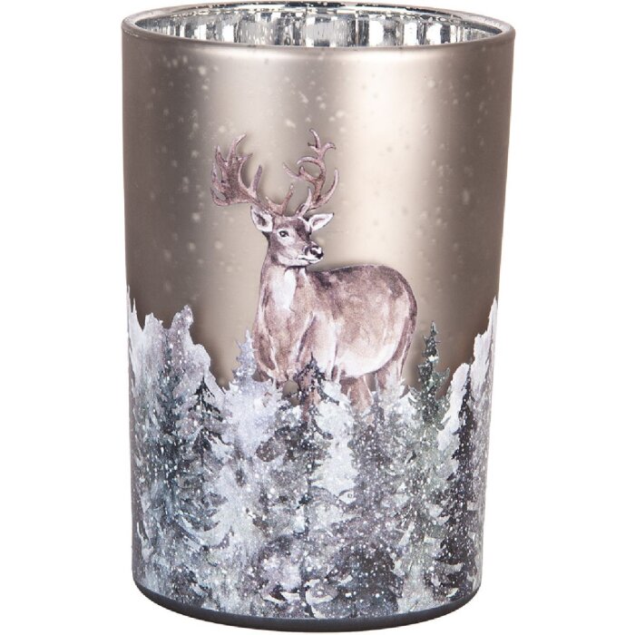 Clayre & Eef 6GL4985 Suport pentru lumânări din sticlă motiv căprioară gri-maro Ø12x18 cm