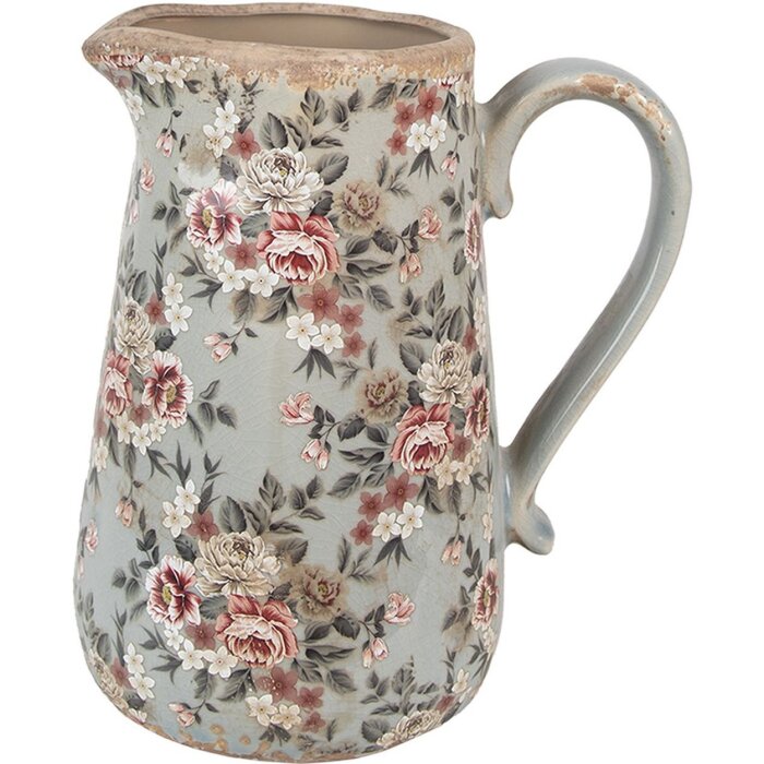 Clayre & Eef ulcior decorativ ceramică gri roz flori 21x15x23 cm stil țară