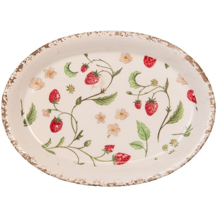 Clayre & Eef Dekorationsteller 25x18x3 cm Beige Rot mit Erdbeer-Motiv