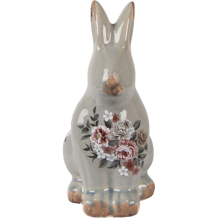Clayre & Eef Deko-Kaninchen Keramik Grau Rosa 13x10x21 cm Landhausstil Vintage