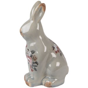 Clayre & Eef Deko-Kaninchen Keramik Grau Rosa 13x10x21 cm Landhausstil Vintage