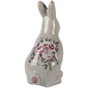 Clayre & Eef Deko-Kaninchen Keramik Grau Rosa 13x10x21 cm Landhausstil Vintage