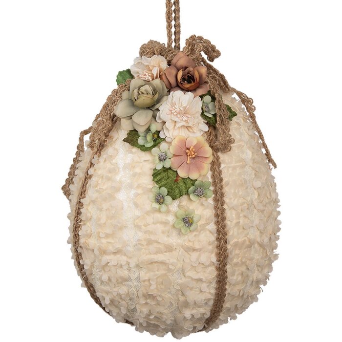 Clayre & Eef Decorațiune suspendată Egg Beige Ø 20x29 cm cu flori și panglică de iută
