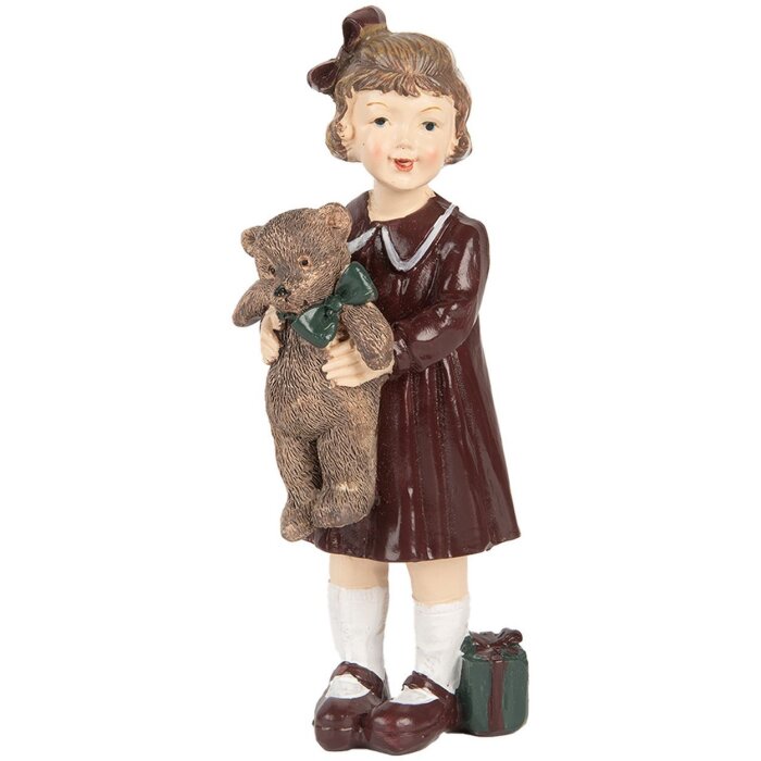 Clayre & Eef Figurină decorativă copil cu ursuleț de pluș maro verde 6x5x15 cm