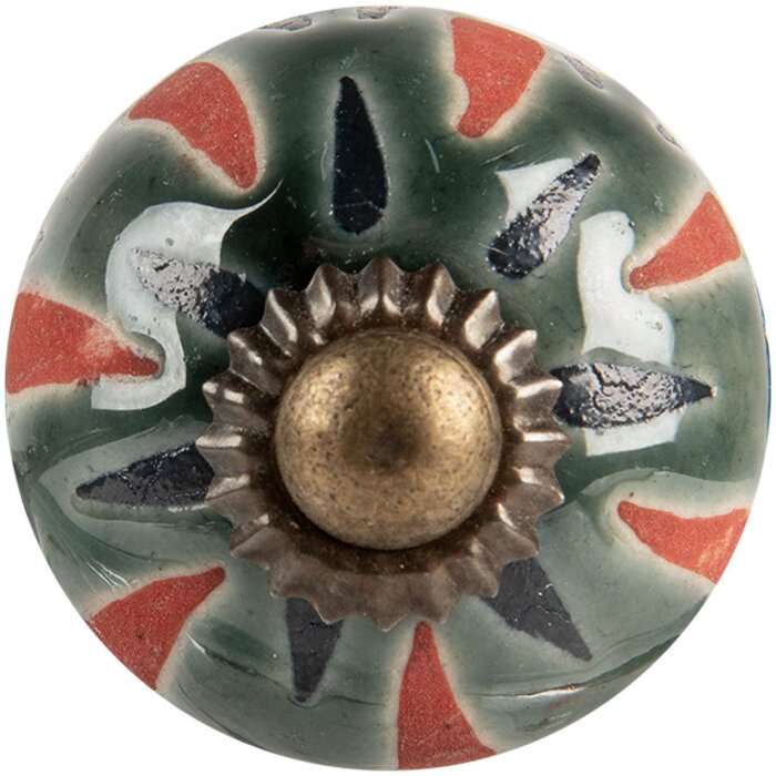 Clayre & Eef buton ușă ceramică Ø 3x3 cm boho verde portocaliu floral