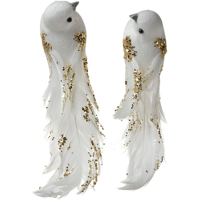 Clayre & Eef Pasăre decorativă Set de 2 aur alb 15x8x5 cm plastic cu sclipici