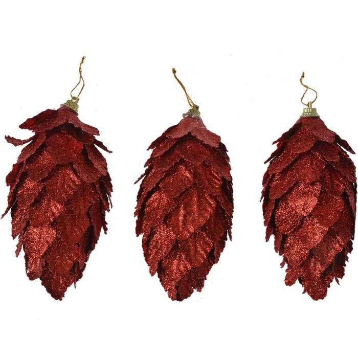 Clayre & Eef Tannenzapfen Set 3tlg Rot Ø7x13cm Weihnachtsdeko Kunststoff