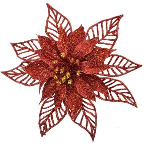 Clayre & Eef Crăciun Floare Set 2pcs Roșu Ø15x2cm Plastic Glitter Decoratiuni