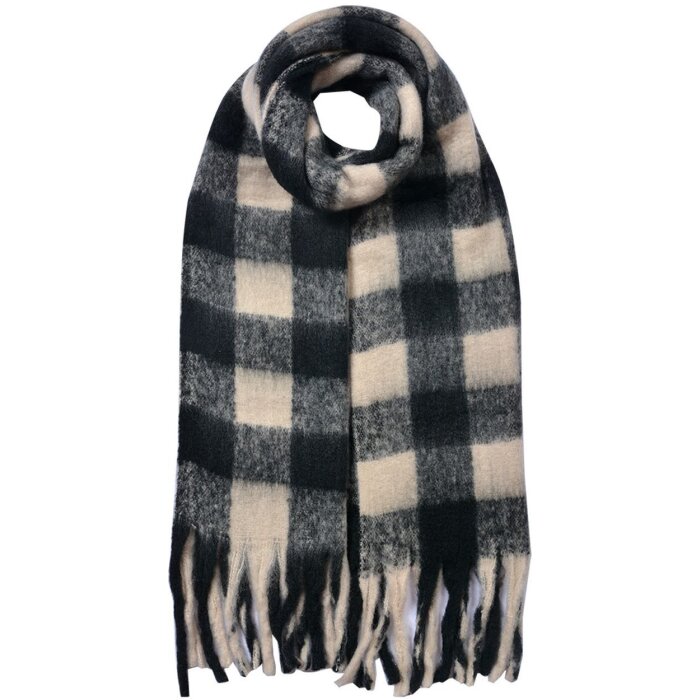 Juleeze JZSC0819Z Eșarfă negru-bej 39x200 cm cu franjuri cu model în carouri
