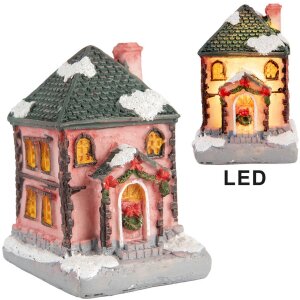 Clayre & Eef 6PR5734 Dekoration Haus mit LED Rosa Grau 4x5x6 cm