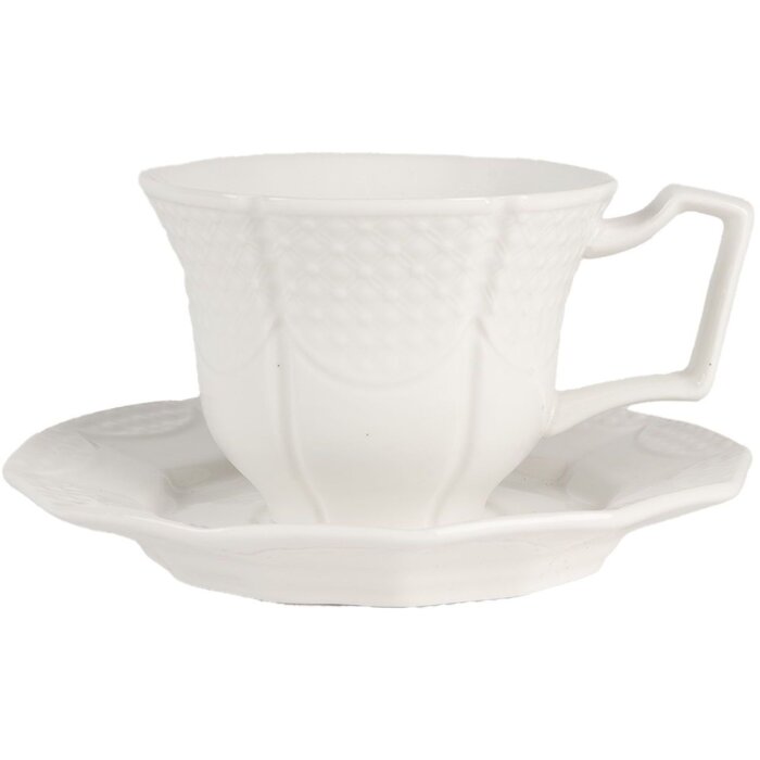 Tasă de cafea Clayre & Eef cu suport Alb 175 ml Ceramic 12x9x6 cm