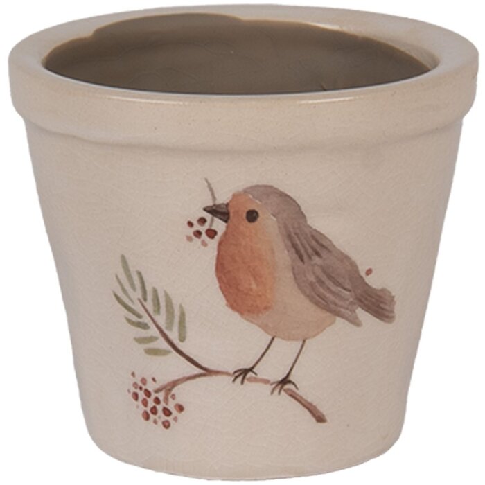 Clayre & Eef Vas Florala Stil Casa de Campanie Ø8x7cm Bej Brun Ceramică Motiv Pasăre