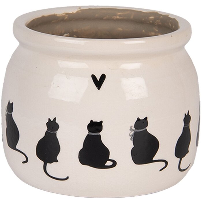 Clayre & Eef ghiveci pisică bej negru Ø12x10 cm ceramică stil rustic