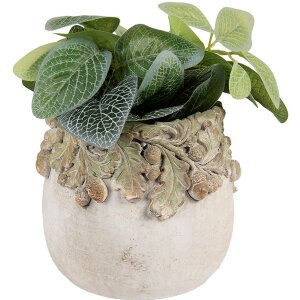 Clayre & Eef Blumentopf Eichenlaubrelief Ø15x13 cm Beige Grün Stein