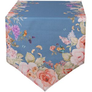 Clayre & Eef Tischläufer 50x160 cm Blau Floral Baumwolle Vögel Blumen
