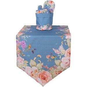 Clayre & Eef Tischläufer 50x160 cm Blau Floral Baumwolle Vögel Blumen