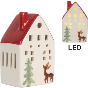 Clayre & Eef 6CE2177M Dekoration Haus mit LED 6x5x10 cm Weiß Rot