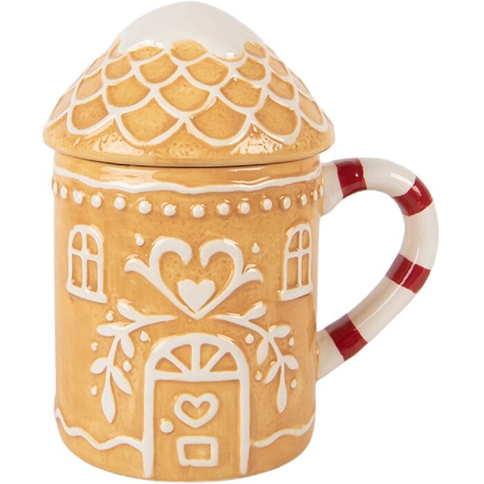 Clayre & Eef Cană cu Capac Maro-Alb 350ml