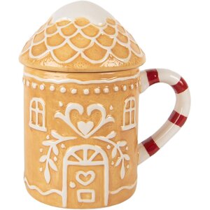 Clayre & Eef Cană cu Capac Maro-Alb 350ml