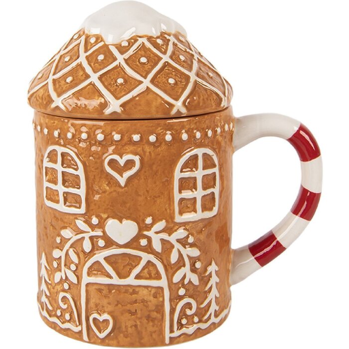 Clayre & Eef Cană cu Capac 450ml, Ceramică Dolomită 14x10x15cm