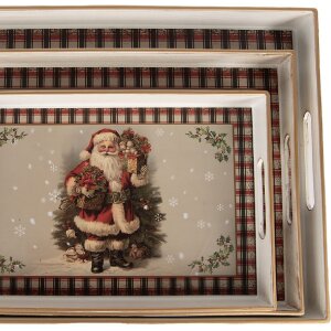 Clayre & Eef Set 3 Tăvi Decorative Bej-Roșu 40x30x4cm