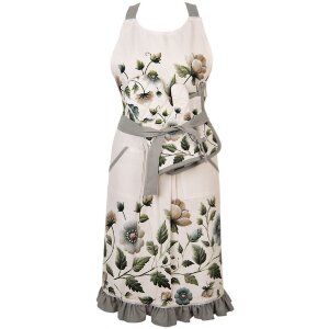 Clayre & Eef GTB41A Schürze 70x85 cm Baumwolle Beige Grün Blumen Rüschen