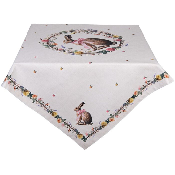 Acoperire de masă Clayre & Eef EWC01 100x100 cm, motiv iepure și flori, bumbac natural, stil rural pentru primăvară și Paști