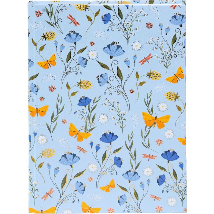 Notițier Secret Garden Blue cu imprimeu aurie și bindură cu fir