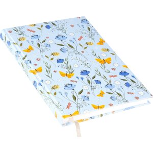 Notițier Secret Garden Blue cu imprimeu aurie și bindură cu fir