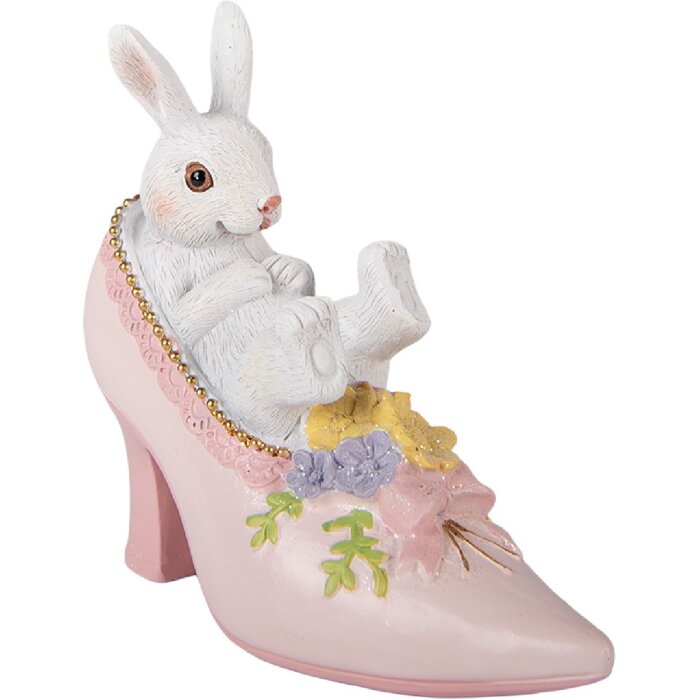Iepure în pantof Clayre & Eef, decorativ alb roz, 13x5x12 cm