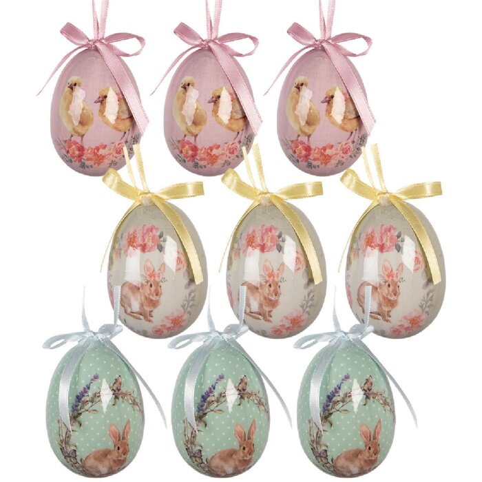 Set de 9 hângere decorative în formă de ou, verde și roz, Clayre & Eef