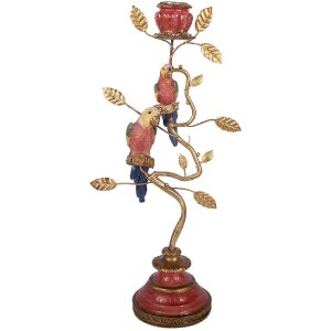 Stâlp de lumânări Clayre & Eef cu motive de păsări, aur și roșu, 16x9x33 cm