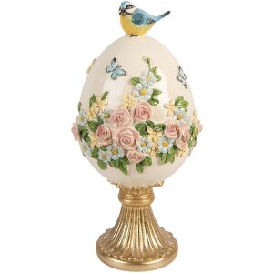 Ouă decorative cu păsărele alb-gold, Ø 16x33 cm, Clayre & Eef