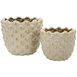Set Mauro Ferretti „Pepitas” – 2 cachepoti ceramice gri-gold cu relief geometric